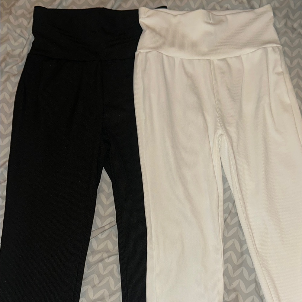 Black and White High-Waisted Ribbed Pants